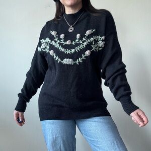 Vintage Black Floral Embroidered Mockneck Sweater